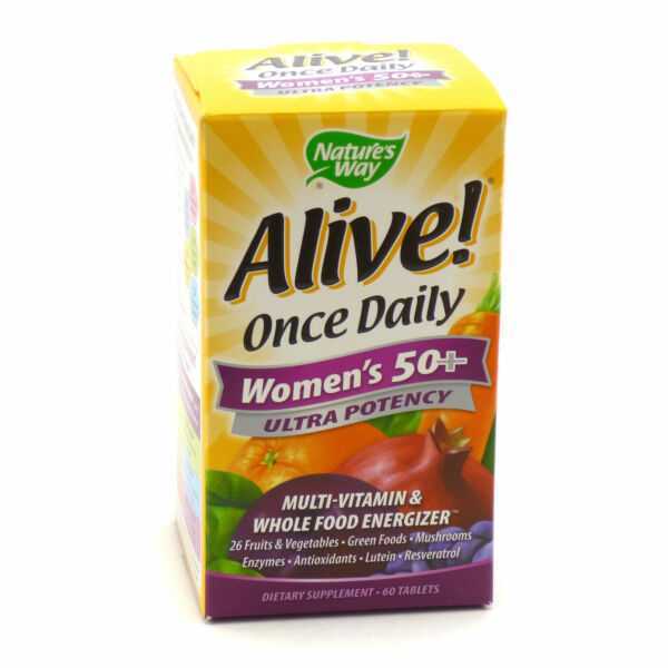 Обзор комплекса витаминов для женщин после 50 лет Alive Once Daily Women's 50 Состав и описание действия всех компонентов, инструкция по приему, цена